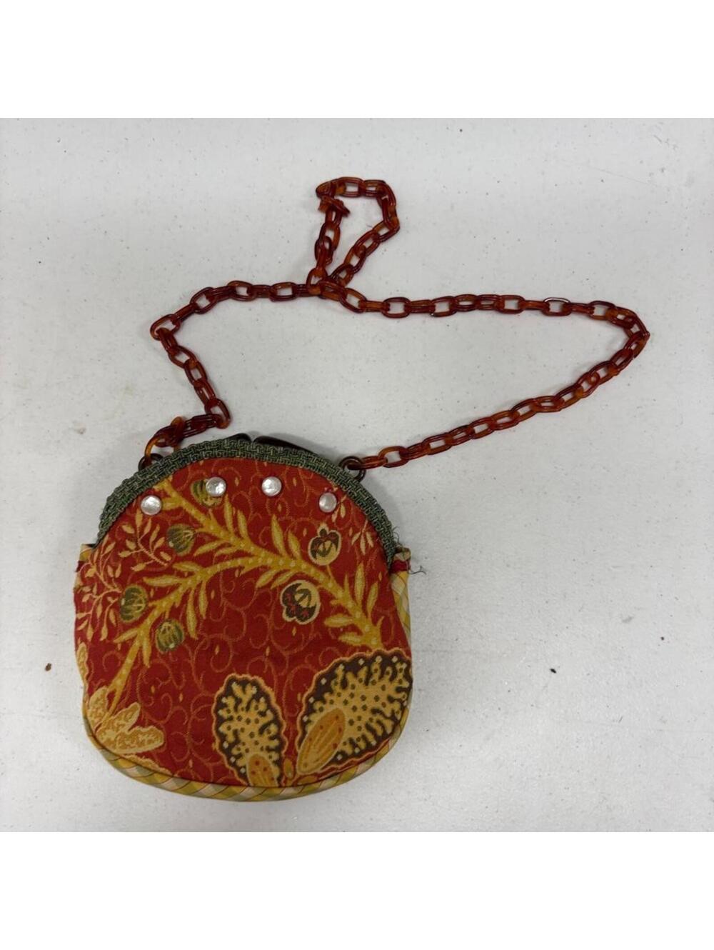 Vintage Handmade Fabric Purse Red Yellow Floral Pattern Tortoiseshell Chain - Picture 2 of 7